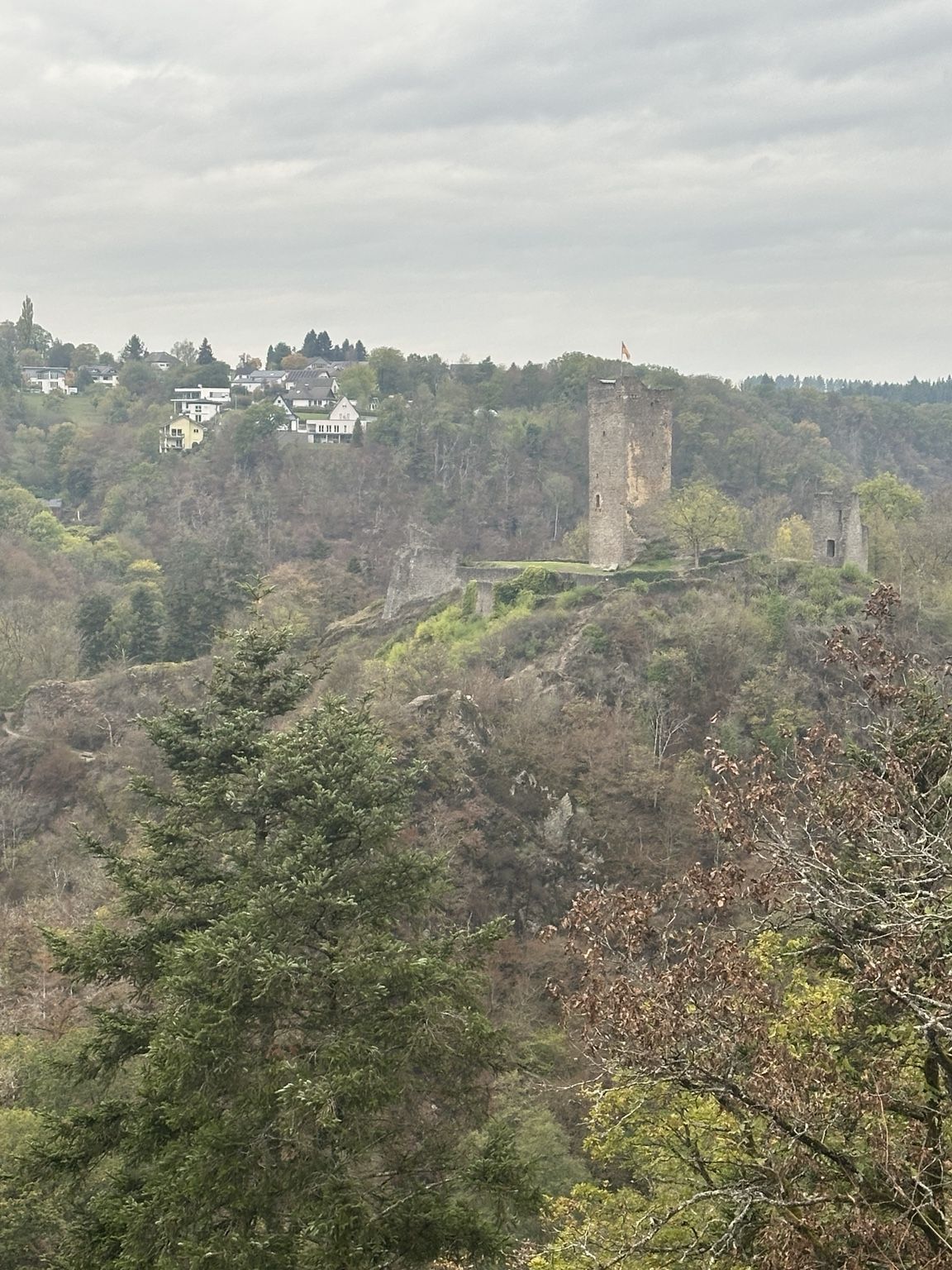 Des vestiges de château surgissent au milieu des collines boisées.