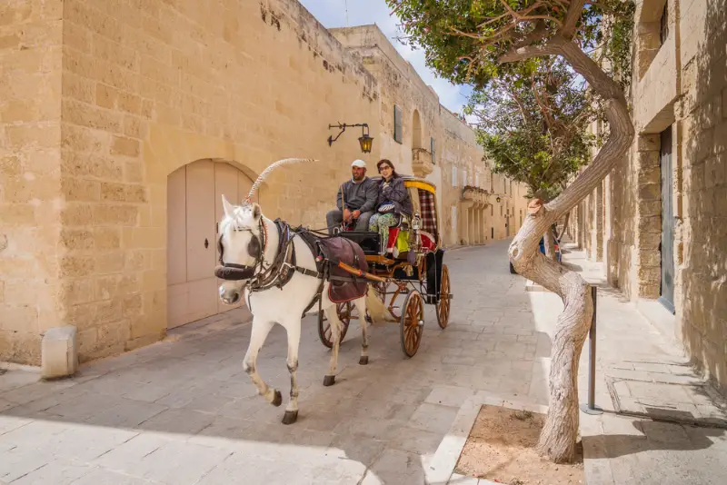 Calèche dans une ruelle de Mdina, la cité silencieuse de Malte