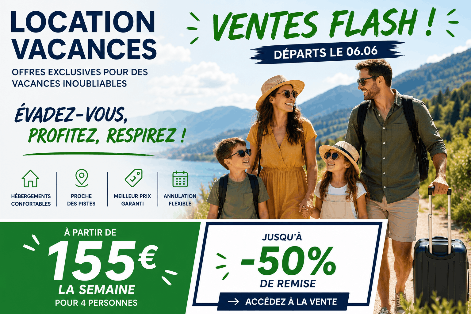 Ventes Flash Septembre Départs 06/06 : jusqu'à 50% de réduction (155€ la semaine pour 4 personnes)
