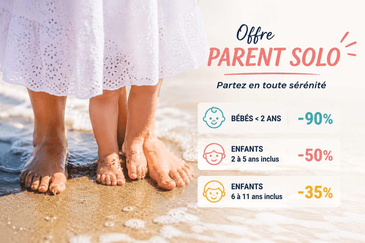Offre parent solo : jusqu'à -50% pour vos enfants et pas de supplément chambre individuelle