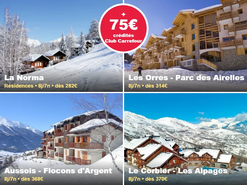 Bon plan Séjour ski tout compris Carrefour Voyages : hébergement, matériel et forfaits + 75€ crédités Club Carrefour